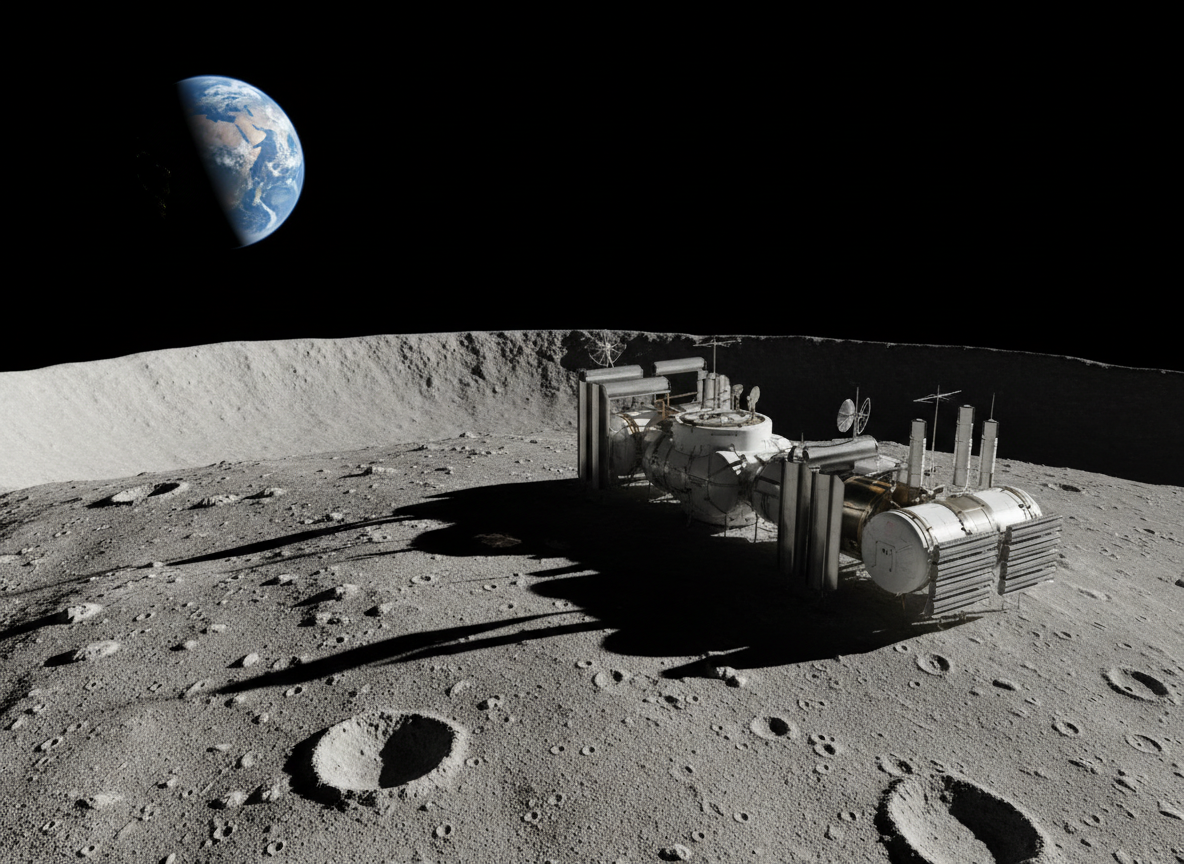 A high-resolution, photographic realism scene of a modular lunar base on the sunlit rim of a crater, featuring several interconnected white and metallic habitat cylinders with radiators, airlocks, and antenna arrays. The outpost sits on dusty gray regolith, with rocks and small craters in the foreground, and the distant Earth hanging crisp and blue in the black sky. Harsh, low-angle sunlight from the lunar horizon casts long, sharp shadows, emphasizing textures in the dust. Captured from a slightly elevated, wide-angle perspective with sharp focus throughout, the composition uses the rule of thirds to balance the base, crater edge, and Earth, conveying a professional, optimistic, and technologically advanced mood.