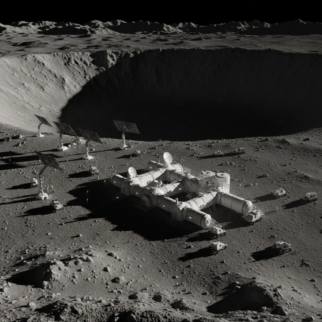 A wide, photographic realism panorama of a lunar south pole region, showing a nascent Artemis base nestled near the shadowed interior of a deep crater. Angular solar arrays on adjustable masts stretch toward the sunlit rim, while insulated cylindrical habitats cluster nearby with radiators and communication dishes. Permanent darkness pools inside the crater, contrasting with the brilliant, high-contrast sunlit terrain. Harsh sidelight from the low sun sculpts ridges and boulders, carving black shadows across the regolith. Captured from a high vantage point looking down obliquely, with sharp focus from foreground rocks to distant peaks, the composition is dramatic and analytical, evoking exploration, strategic site selection, and long-term settlement planning.