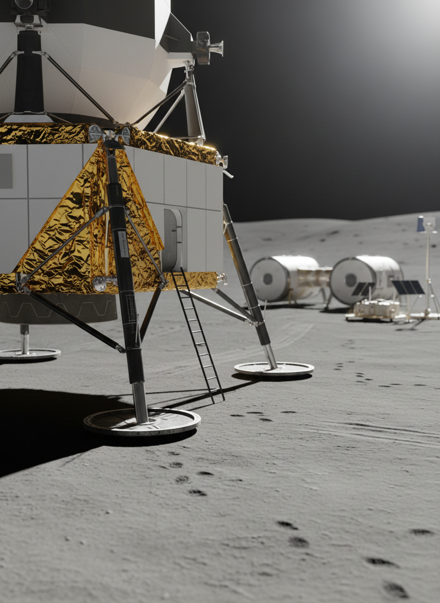 A close-up, photographic realism view of an Artemis lunar lander parked near a small moonbase, its gold-foil insulation, white composite panels, and dark ladder sharply defined against the gray regolith. Delicate landing pads press into the dust, with subtle footprints and rover tracks radiating outward. The base’s habitat modules and power systems are softly blurred in the mid-distance, suggesting an operational outpost. Hard, unfiltered sunlight from the right creates crisp highlights on metallic surfaces and deep, contrasting shadows beneath the lander. Shot from a low, almost ground-level angle with shallow depth of field, the composition feels technical yet cinematic, emphasizing precision engineering and the realism of a working lunar environment.