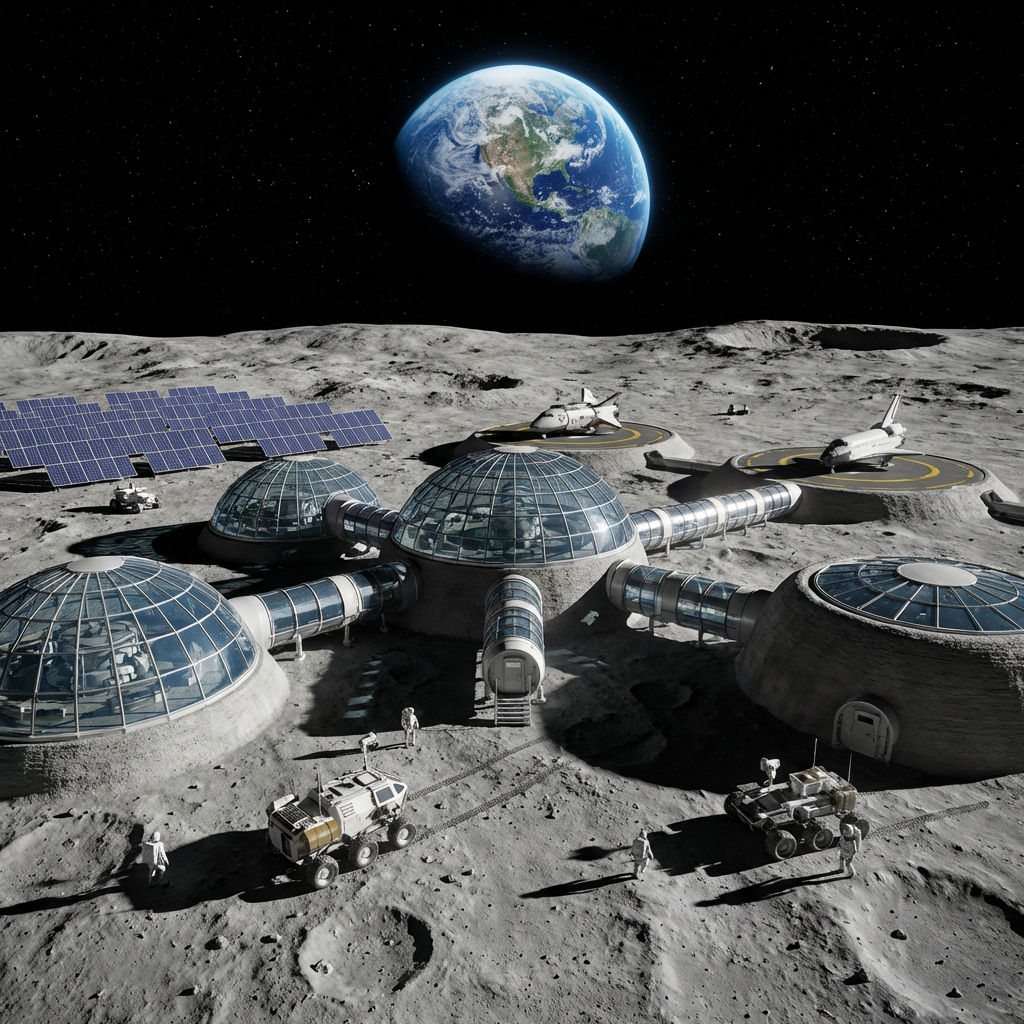 Futuristic lunar colony with domed habitats, solar panels, and rovers under a distant Earth.
